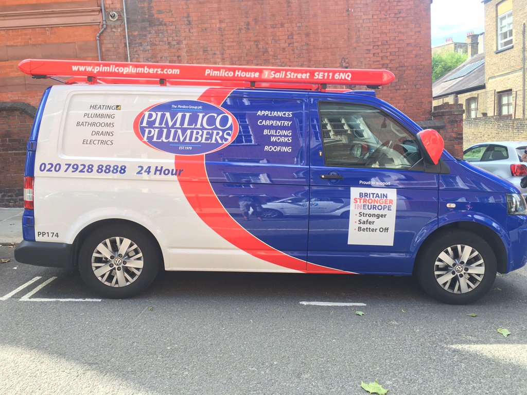 JamesDRossiter's tweet photo. Thanks Charlie @PimlicoPlumbers for your common sense @StrongerIn: UK better off #plumbed in to #EU, love your vans https://t.co/0QmCWGe7uI