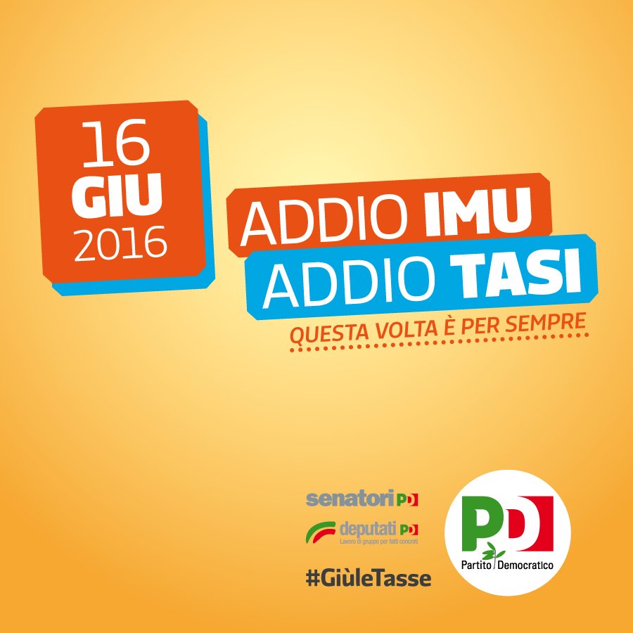 pdnetwork's tweet photo. 16 giugno 2016. Per 19,5 mln di famiglie via IMU e TASI sulla prima casa #GiùleTasse https://t.co/7pItqT4uin https://t.co/Qe18nSuuQI