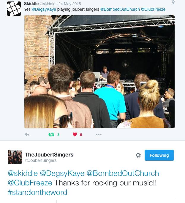 redrackem's tweet photo. @PhylissMJoubert tweeting @DegsyKaye while he's still playing my remix of Stand On The Word to say thanks. HOW COOL! https://t.co/01UdNeTcsb
