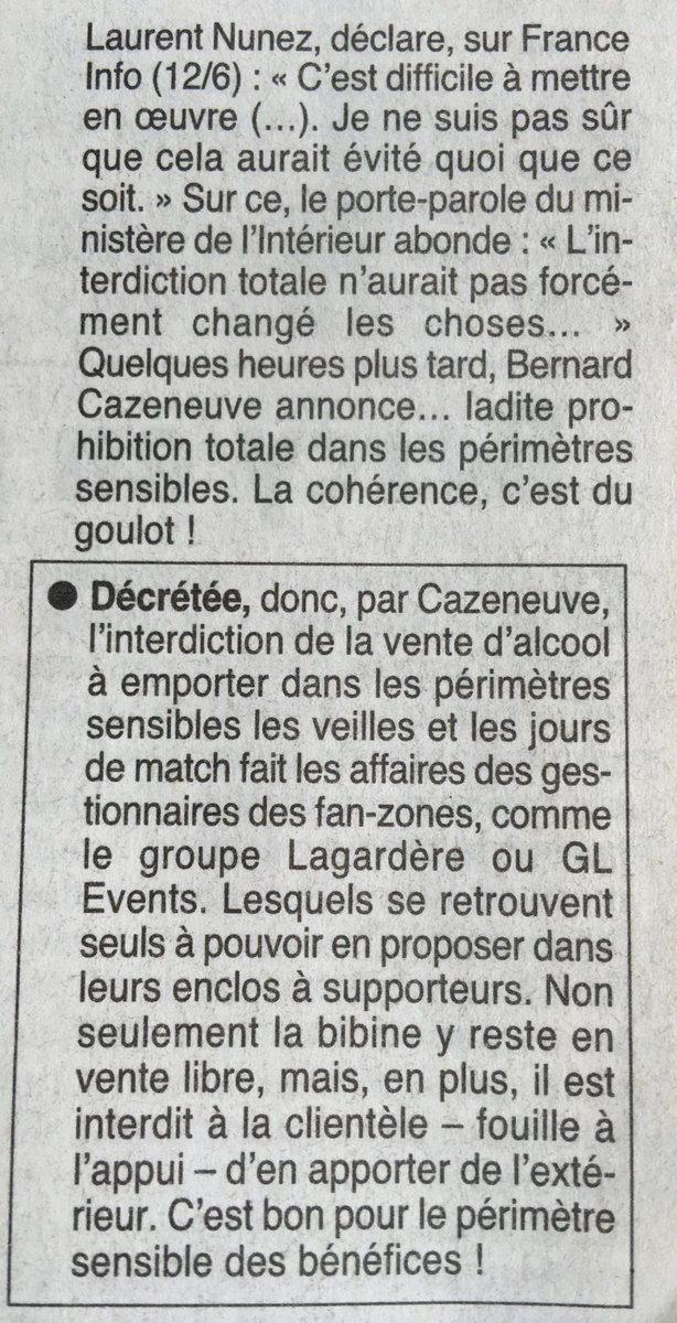 aurelien_veron's tweet photo. Interdiction des ventes d'alcool... "Inutile" #EURO2016 mais pas pour tout le monde, dixit @canardenchaine https://t.co/vh3ZrGbaCC