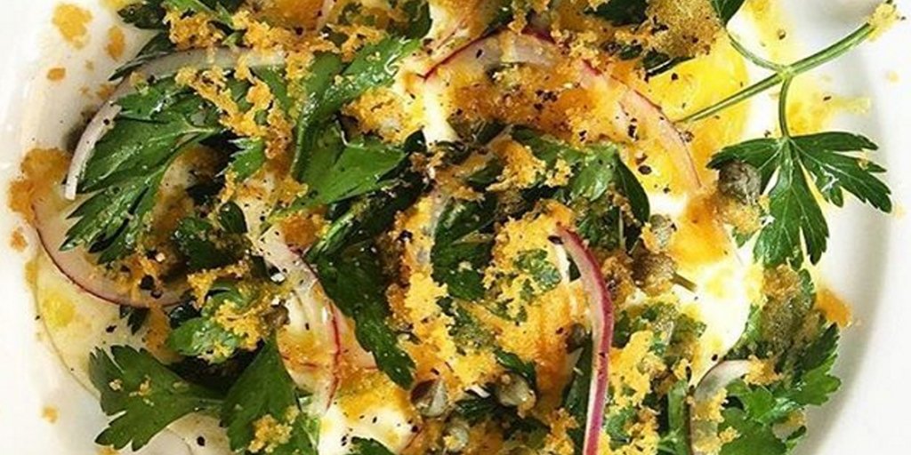 Pick of the day: Sunny Side Up with Bottarga Parsley and Caper Salad @ @altroparadiso 👉 we in #SOHO #lunch #yummy 😋