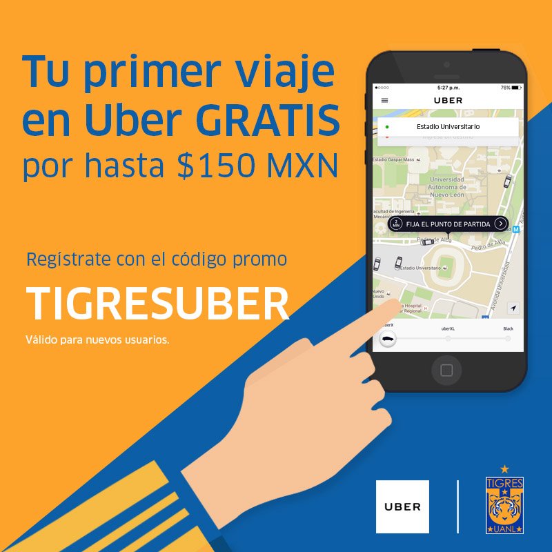 TigresOficial's tweet image. "¡GRATIS! Te llevamos a donde quieras. Ingresa el código TIGRESUBER y recibe tu primer viaje hasta por $150 MXN."