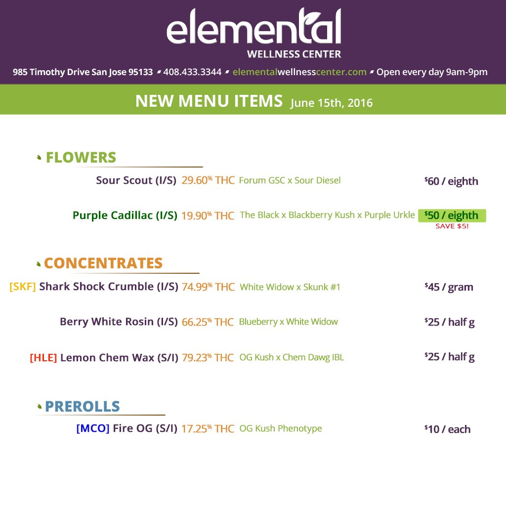 Elemental2009's tweet photo. MENU UPDATE >> Classic #PurpleCadillac is our Member Appreciation special, &amp; new #HashyLarry in @ 79.23% #THC 👍 https://t.co/bzLcCeMAM9