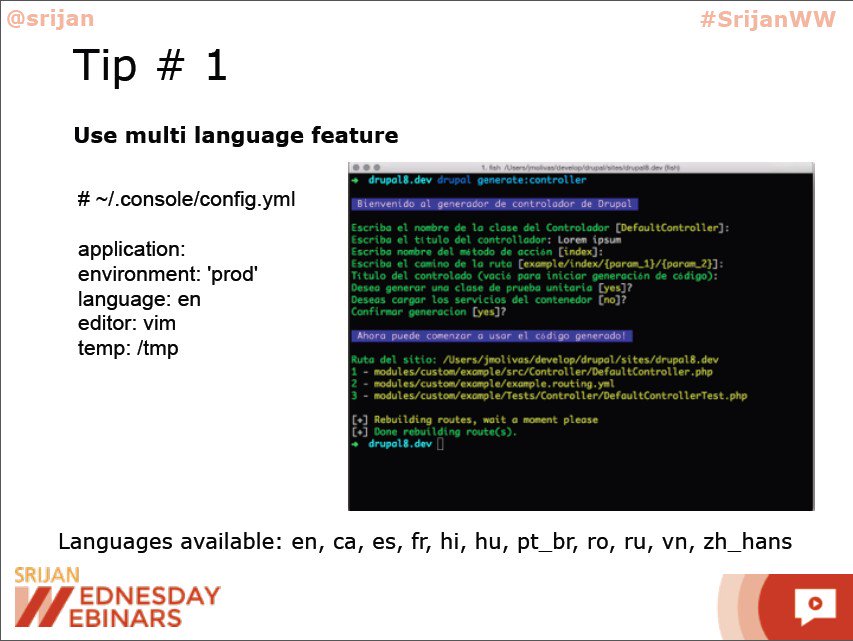 Srijan's tweet image. Tip No.1 for #DrupalConsole: Multiple languages are supported!  #SrijanWW Join LIVE buff.ly/28aEU59