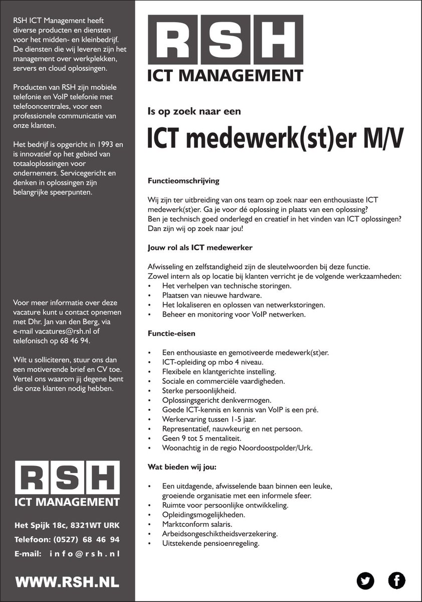 Wij zijn ter uitbreiding van ons team op zoek naar een enthousiaste ICT medewerk(st)er. Zie bijgevoegde foto!