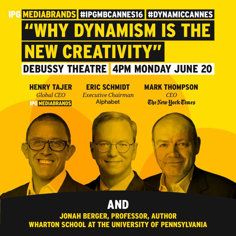 IPG_Mediabrands's tweet photo. OFFICIAL! @ericschmidt joins us on the #Cannes MAIN STAGE Monday at 4PM! Let's go! @google @nytimes #IPGMBCannes16 https://t.co/z68hdHCUB6
