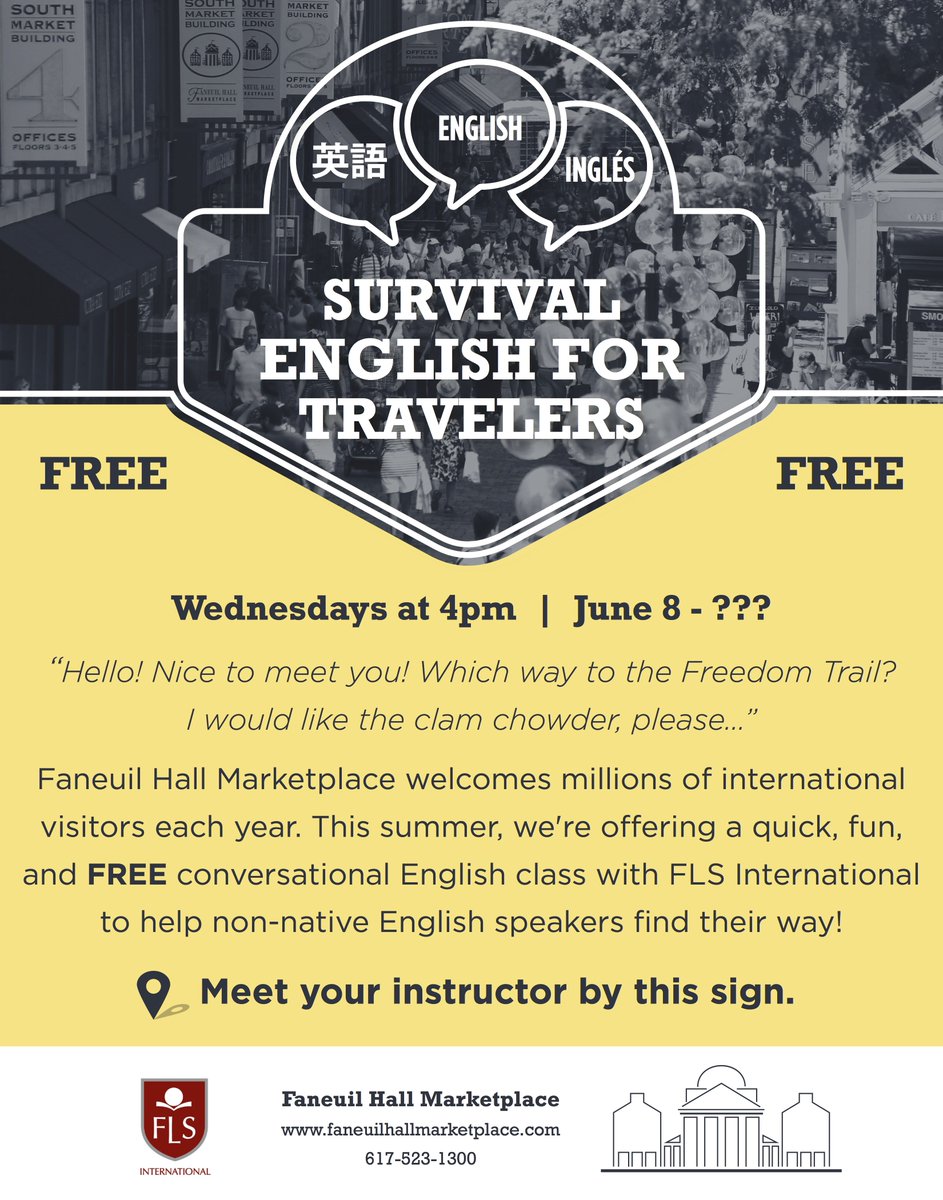 FaneuilHall's tweet photo. Attention Travelers our  @BostonLanguage Survival English for Travelers is today! #FunAtFaneuil https://t.co/pRDycKO9aV