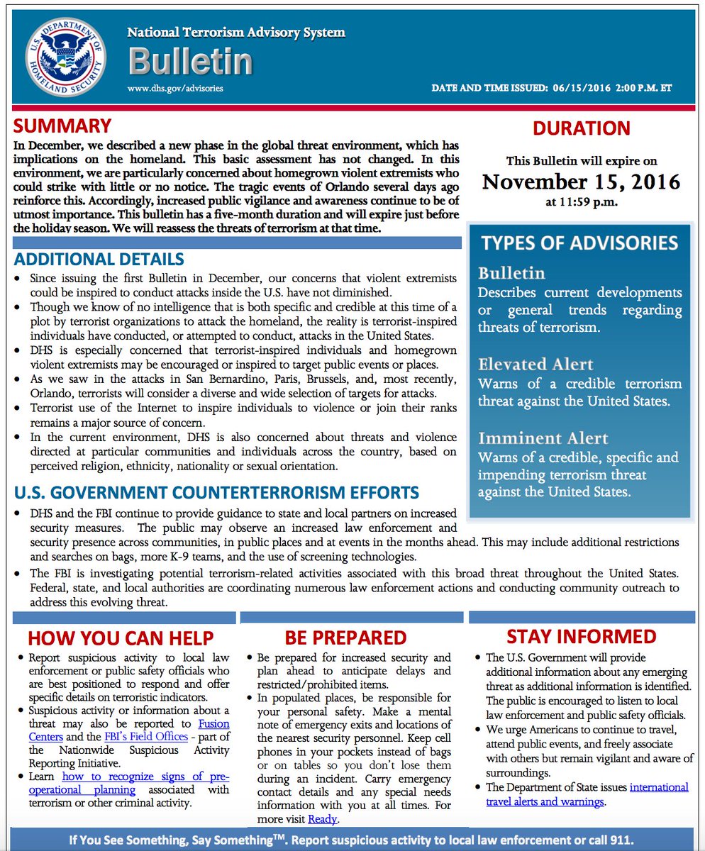 JUST IN: DHS issues bulletin in aftermath of #Orlando attack, urges increased "public vigilance and awareness."
