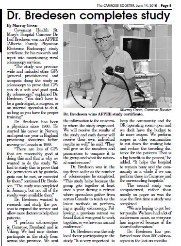 CamrosePCN's tweet photo. #CamrosePCN Dr. Leif Bredesen is in the news for his research &amp; input into maintaining rural colonoscopy services! https://t.co/WFSEwqX3I1