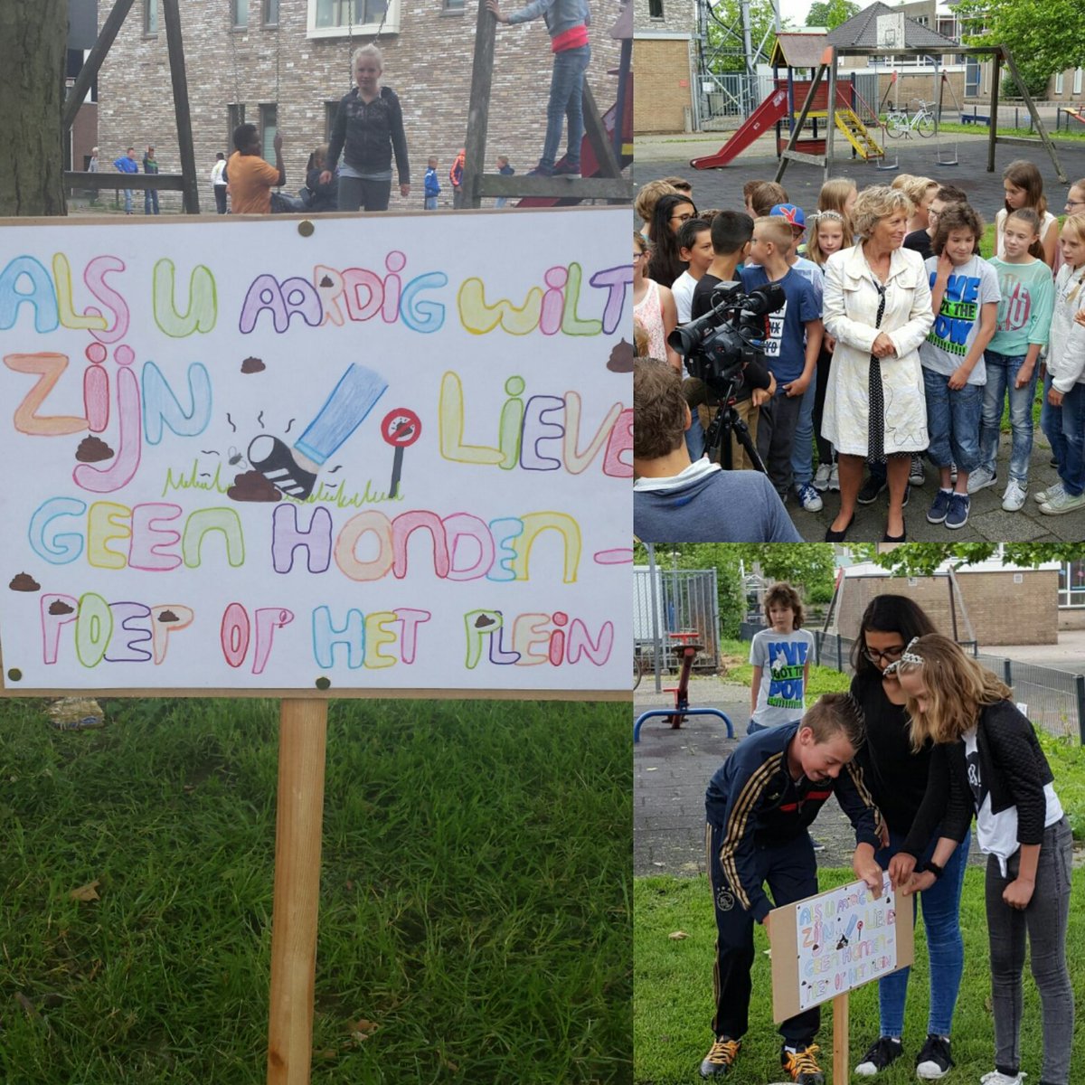 DeNieuweWiel's tweet photo. Gr8 plaatst samen met burgemeester en wethouder borden tegen hondenpoep rond zwarte plein. Veel aandacht van media! https://t.co/ggrOSI5l0N