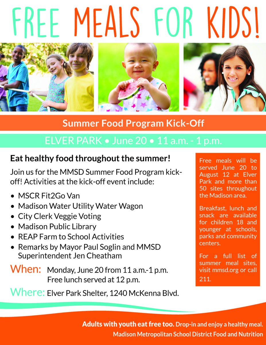 MMSDschools's tweet photo. Remember: Kids eat free this summer with the MMSD Summer Food Program. Join us for our kickoff event at @ElverPark https://t.co/gBklPkYkwq