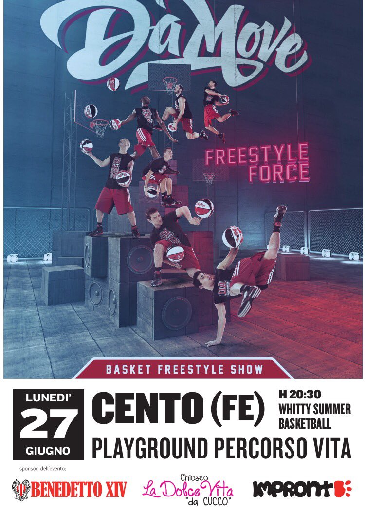 Whittysummer's tweet photo. Freestyle basket show con i Da Move @Whittysummer lunedì 27 giugno!! #nonmancare #playground percorso vita #cento https://t.co/WwzOs2W806
