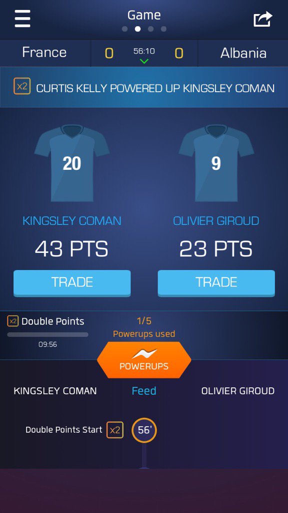 CurteousCurtis's tweet photo. Just used my Double Up on Kingsley Coman on @ultimatefanlive for #FRA vs #ALB https://t.co/juL2kK2Ubp https://t.co/sO7n9BOylO