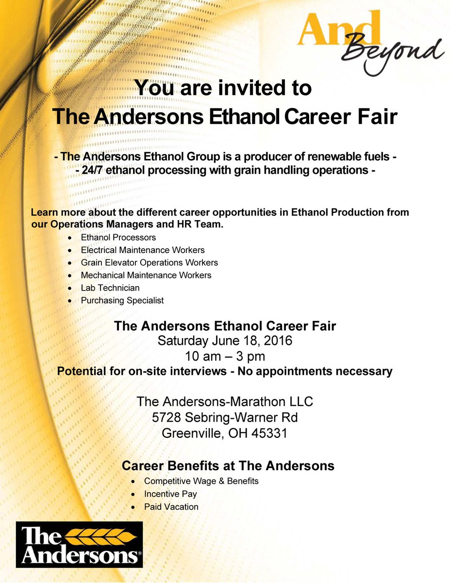 AndersonsJobs's tweet photo. Learn about career opportunities in Ethanol Production at our Greenville, OH facility - June 18 from 10 am - 3 pm. https://t.co/No9by40YQi