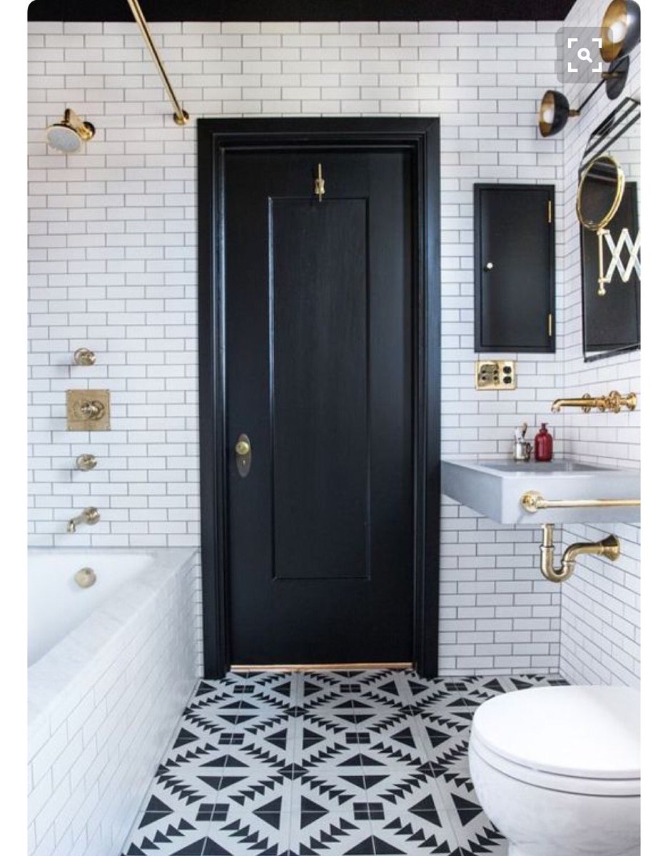 dulcecandy's tweet photo. Picking out tile today for our guest bath. This is major inspiration! Love the black and white with gold details. https://t.co/mREb3hBPEk