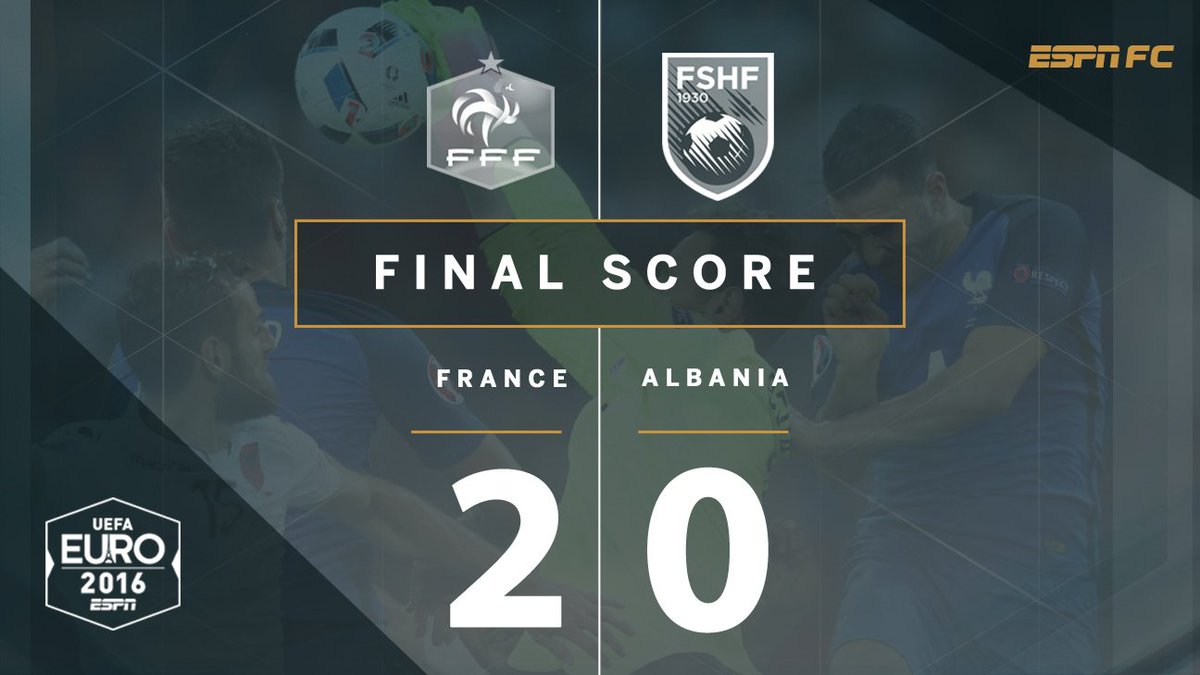 ESPNFC's tweet photo. France are the first team through to the round of 16! Griezmann's header = heartbreak for Albania. #EURO2016 https://t.co/4gOZq65JLF