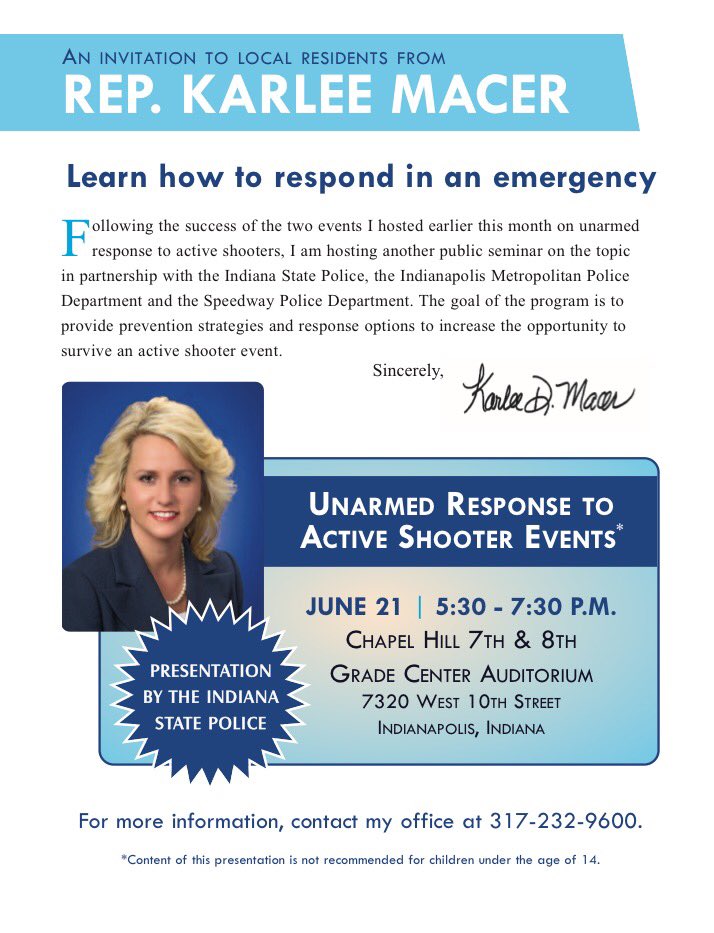 Join me <a href="/SpeedwayPD/">Speedway Police Department</a>, <a href="/ISPIndianapolis/">Sgt. John Perrine</a> for the active shooter preparedness &amp; prevention forum <a href="/indywestchamber/">West Side Chamber</a>