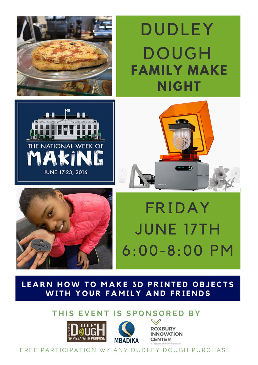 RoxburyInno's tweet photo. Learn about 3D Printers w/ a slice of pizza. :) 
Join us for our @DudleyDough Family Make Night this Fri. June 17th! https://t.co/OQ8r1PbNKD