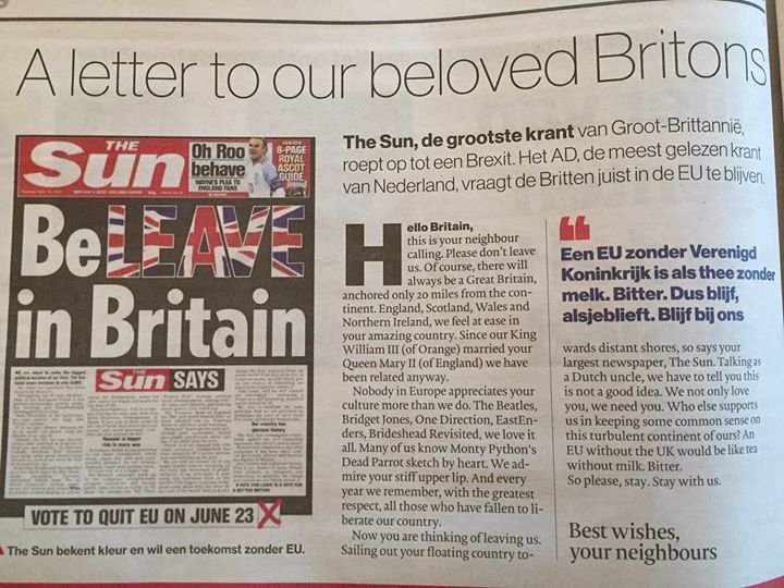 CraigBennett3's tweet image. This appeared in a Dutch newspaper today. It's very touching. Always have liked the Dutch. #VoteRemain #EUref