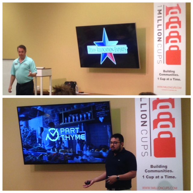 1MillionCupsSAT's tweet photo. MJ Falato with #TexasRelocationExperts and @RyanSalts with @PartThyme presented at #1MillionCupsSAT today! #SATX https://t.co/YNvyxgCaLs