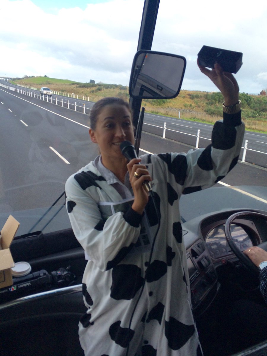Perception_NZ's tweet photo. .@PennyClarkHall entertaining the bus, nearly at @FieldaysNZ first stop the Farmlands tent! #droughtbreak https://t.co/Fn9oAn9c0t