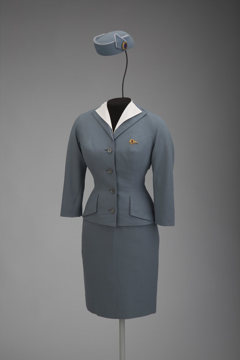 SFOMuseum's tweet photo. Multi-talented Hollywood figure, #DonLoper designed uniforms for airline stewardesses in the 1950s. #FashionInFlight https://t.co/wZTCVOn025