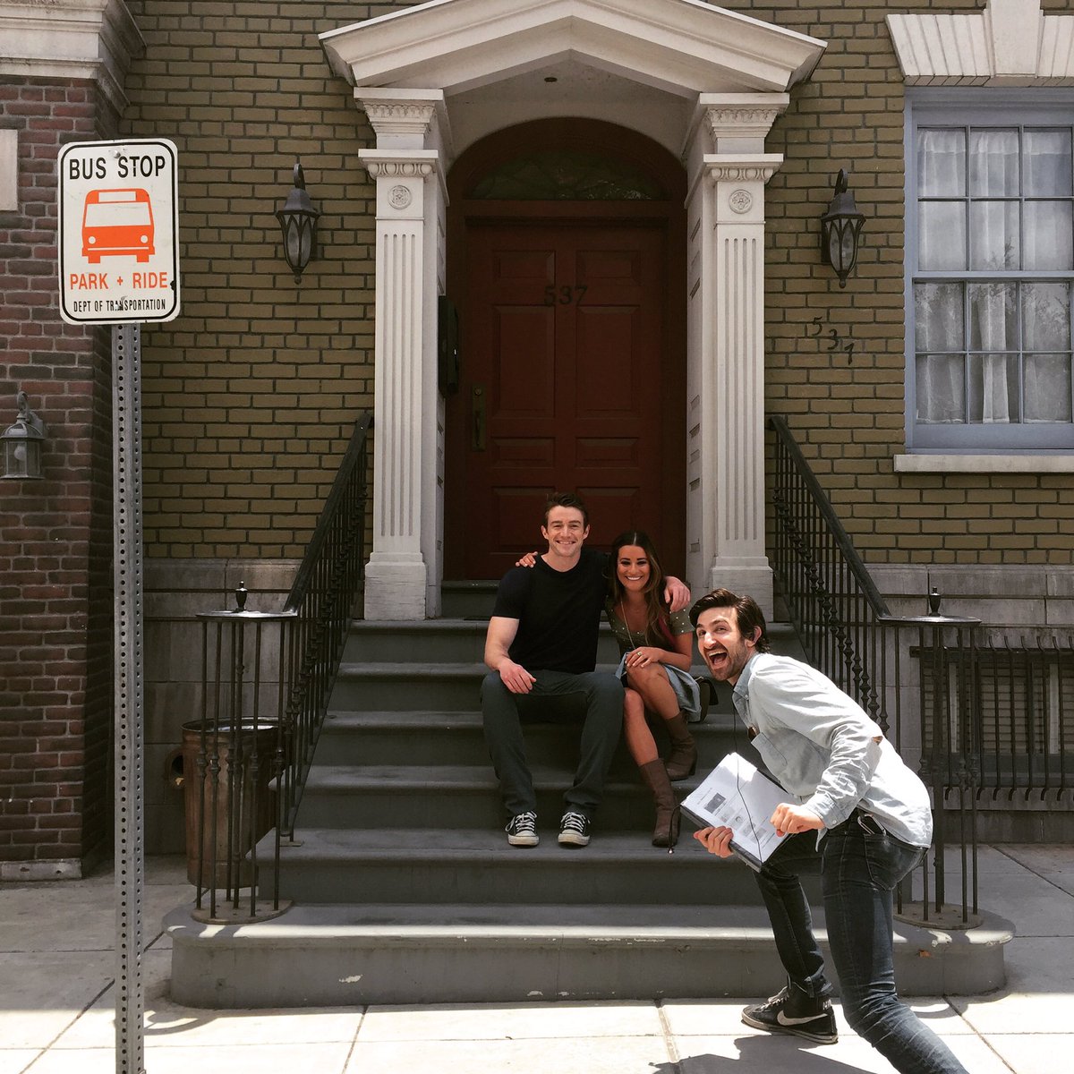 robertbuckley's tweet photo. Fake bus stop, real photo bomb. Good times. #Dimension404 https://t.co/67Yo3BIc1t