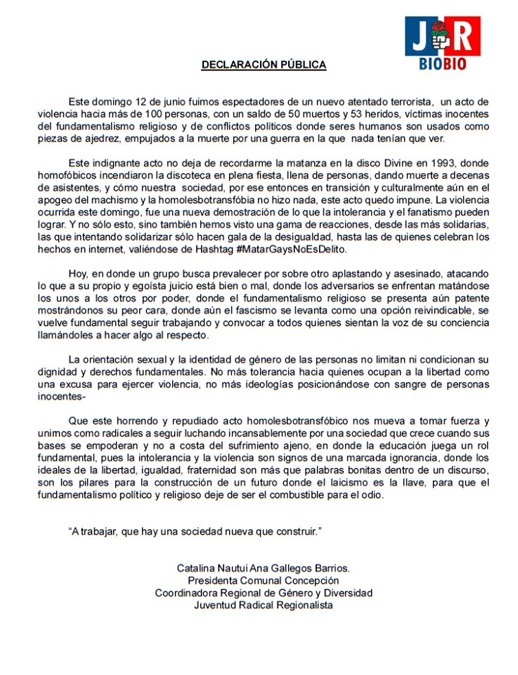 JRBioBio's tweet photo. Declaración pública respecto al atentado en EE.UU https://t.co/DKmhtCBvMk