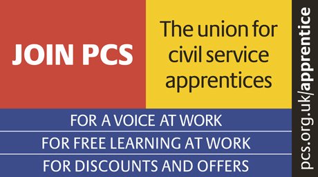 PCS can offer free 6 month membership to fixed term apprentices + lots more, visit our stall today #CivilServiceLive