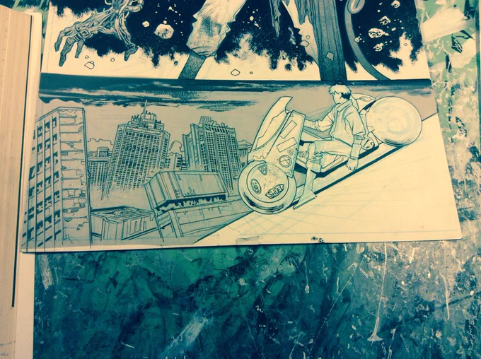 A couple WIP stages on an outstanding (meaning late) Akira commission. 