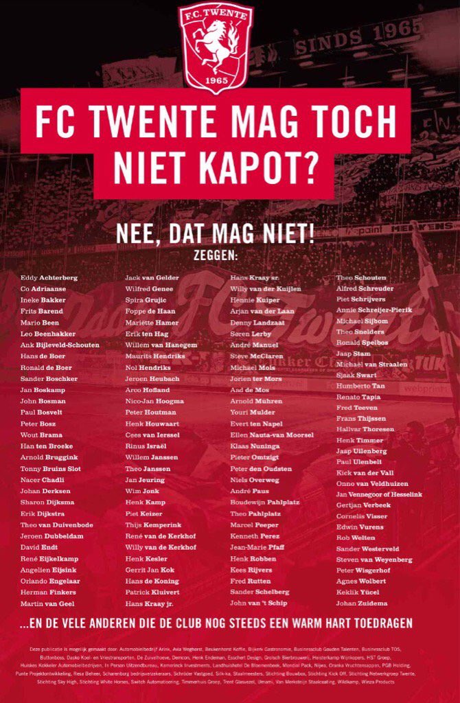 Duidelijke landelijke oproep <a href="/telegraaf/">De Telegraaf</a>. 'FC Twente mag toch niet kapot?'
