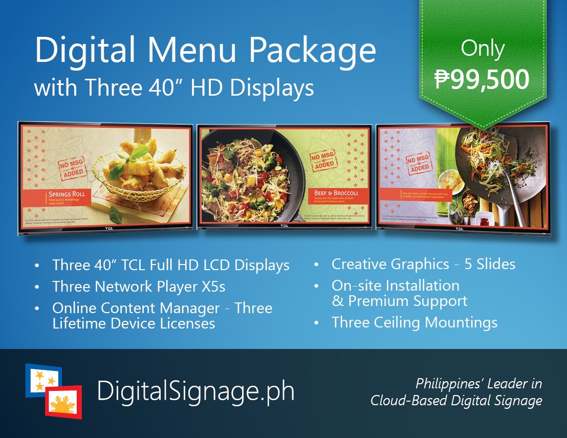 Digital Menu Board Package with three 40” HD LCD Displays. Only ₱99,500