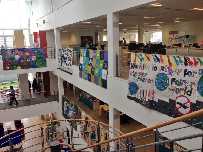ArtHeartlands's tweet photo. Here's our banner hanging in Oxfam HQ ahead of its Glastonbury appearance! @HHSHaringey https://t.co/zyuW6ciBpW
