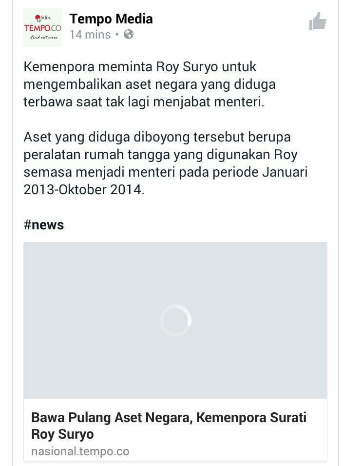 Roy Suryo Watch (@roysuryowatch) on Twitter photo Kemenpora menyurati <a href="/KRMTRoySuryo/">KRMT Roy Suryo</a> untuk mengembalikan aset negara yang dibawa pulang beliau
nasional.tempo.co/read/news/2016… Kemenpora menyurati <a href="/KRMTRoySuryo/">KRMT Roy Suryo</a> untuk mengembalikan aset negara yang dibawa pulang beliau
nasional.tempo.co/read/news/2016…