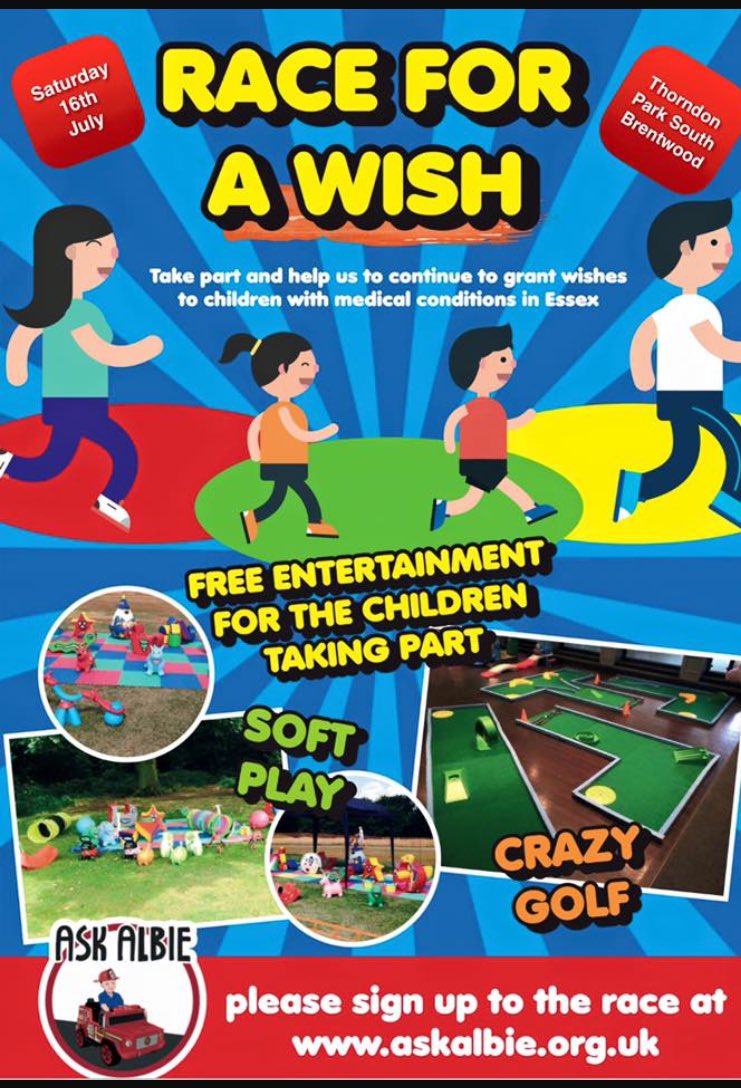 Come help sick children's wishes come true.... 16th July, Thorndon Park, Brentwood, Race for a Wish with <a href="/AskAlbie/">Ask Albie</a>
