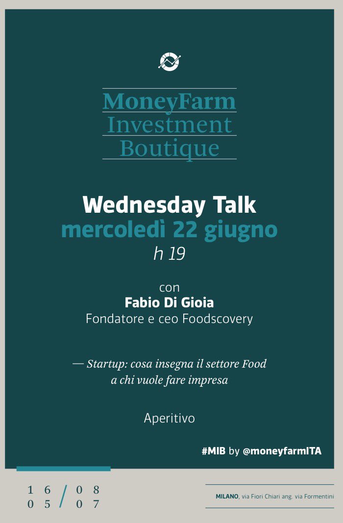 Mercoledì parliamo di #foodeconomy tra #food e #startup con <a href="/Foodscovery/">FOODSCOVERY</a> da #MIB <a href="/moneyfarmITA/">Moneyfarm Italia</a>