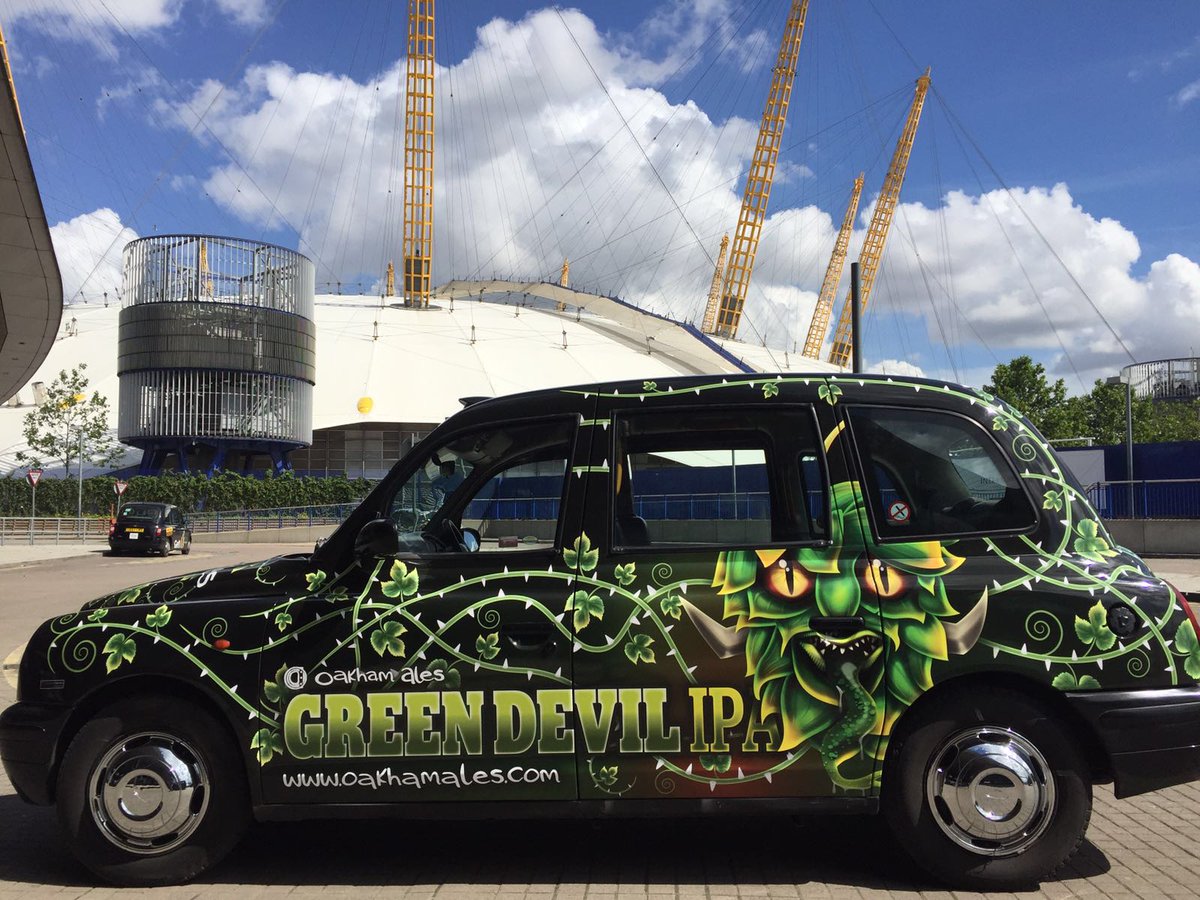 OakhamAles's tweet photo. Sore feet in London? Grab the new Green Devil IPA taxi! No mini bar inside unfortunately though!! #flagdownthedevil https://t.co/9kaUi41tzT