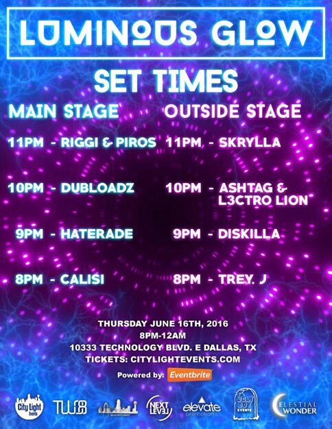 _allisonbaby's tweet photo. Luminous glow 2night ✨
ft. @RiggiandPiros @Dubloadz 

here are the set times!! https://t.co/wglTnDPqUX