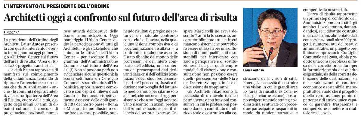 architettipe's tweet photo. Oggi su @Il_Centro l'intervento di @LauraAntosa sulla riqualificazione delle aree di risulta a #Pescara https://t.co/9Pg01a8hwv