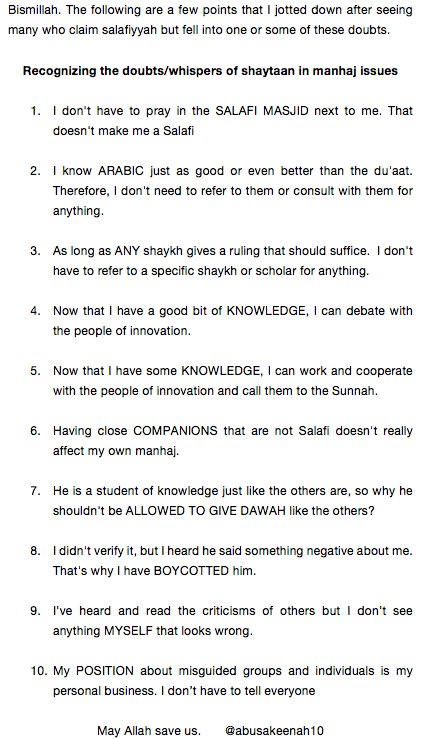 abusakeenah10's tweet photo. A few points in recognizing the doubts/whispers of shaytaan in manhaj issues https://t.co/XMXz6DmyUV