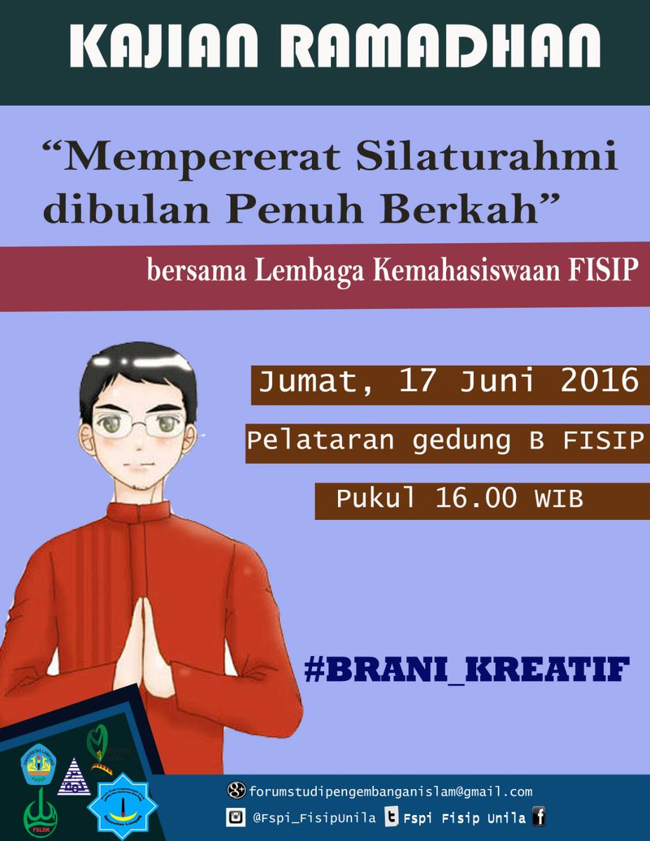 Assalamualaikum. Hai mahasiswa FISIP dtg ke KANTIN yuk, 'Kajian Rutin' FSPI. Insyaallah brmanfaat :)
#BRANI_KREATIF