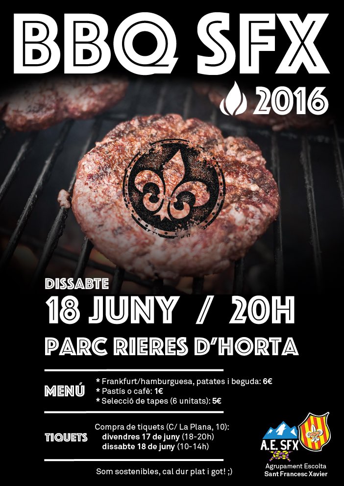 AESFX's tweet photo. Aquest dissabte no us perdeu la nostra #BBQ anual, a partir de les 20h al Parc de les Rieres d'Horta! 🍔🔥 #somdecau https://t.co/ud43TI4Rsy