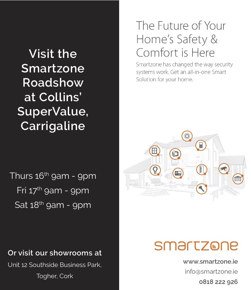 Carrigaline homes reduce energy consumption by up to €460. 
See Smartzone Roadshow at Collins’ SuperValu Carrigaline