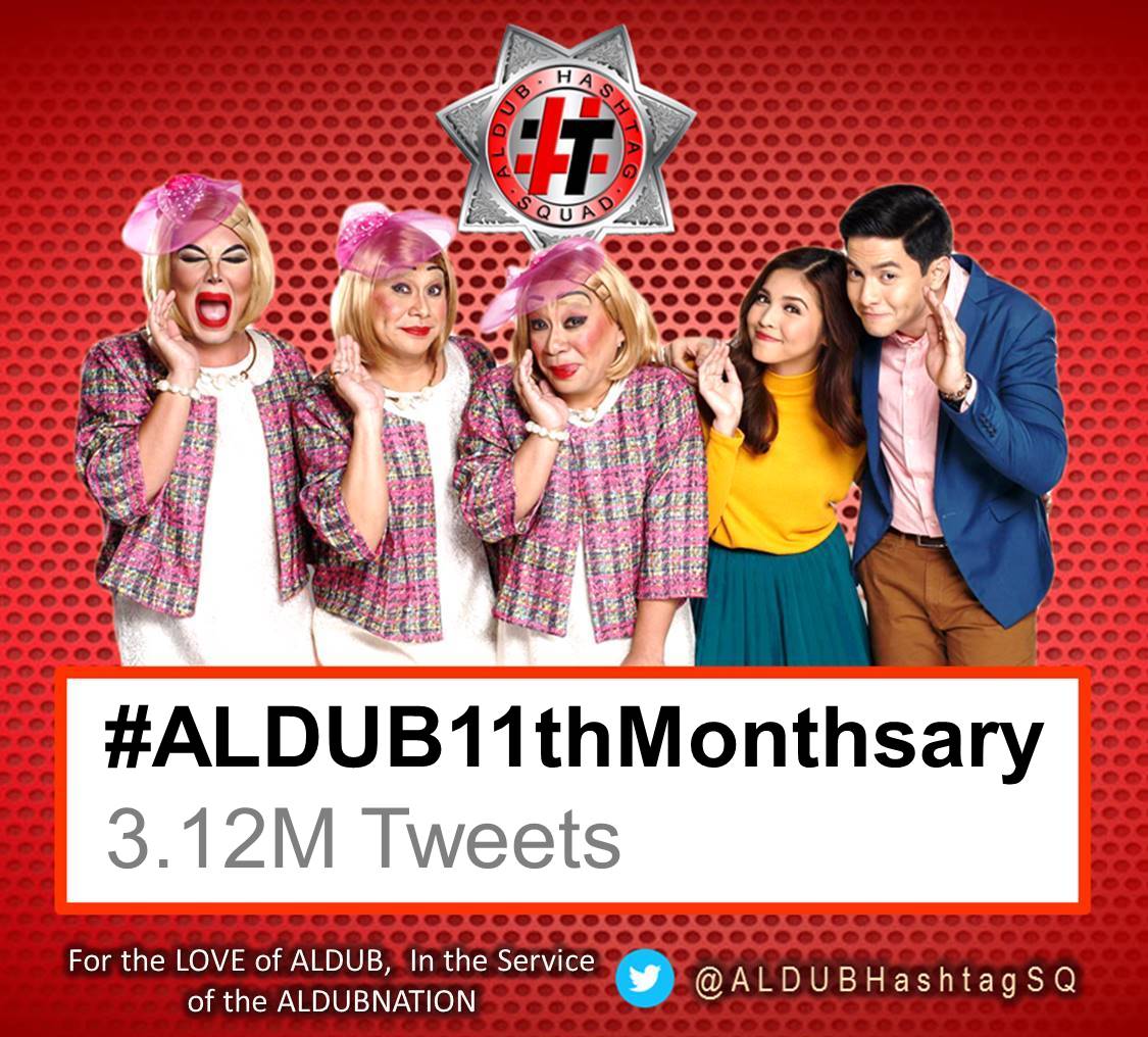 ALDUBHashtagSQ's tweet photo. Update: 7:38PM PH TIME 
#ALDUB11thMonthsary
3.12M Tweets
@ALDub_RTeam @jaysondmx @NicoZey @imcr8d4u @jophie30 https://t.co/pQYKcITSf5
