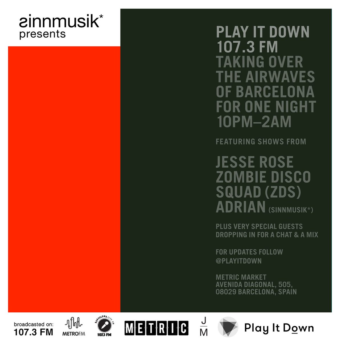 Friday <a href="/sinnmusik/">sinnmusik*</a> presents <a href="/playitdown/">play it down</a> #Radio #LIVE on <a href="/barcelonacityfm/">Barcelona City FM</a> 107.3 with <a href="/mrjesserose/">JESSE ROSE</a> @ZombieDisco Adrian
