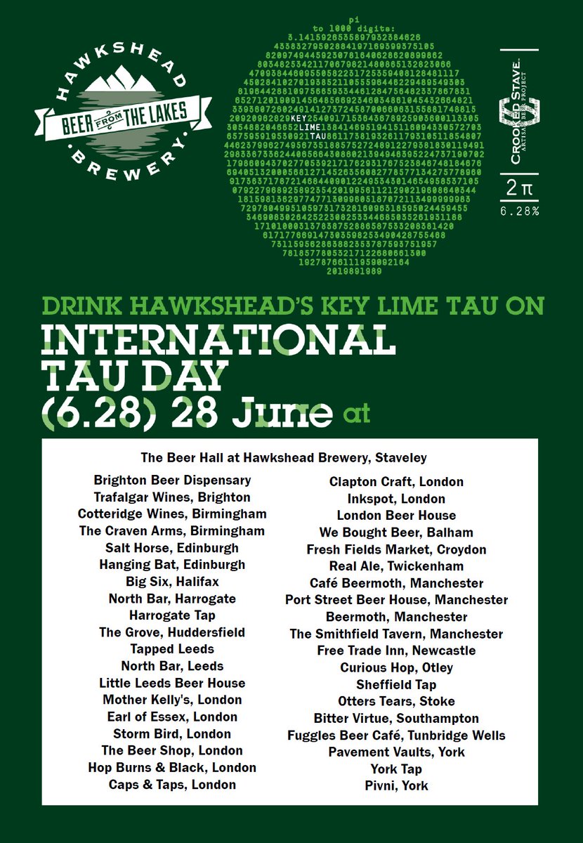 HawksheadBrewer's tweet photo. Dingding round 2 - Key Lime Tau will be launching in keg &amp; bottle at the following venues on Tau Day #keylimetau 1/2 https://t.co/j9v3l11mhn