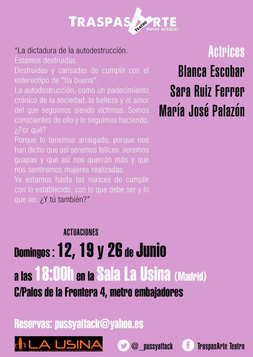 cia_traspasarte's tweet photo. Este domingo 19 18:00 volvemos con DICTADURAS.Y YO TAMBIÉN en @Sala_La_Usina #madrid #pussyattack #teatromadrid https://t.co/FXwCGs9PlP