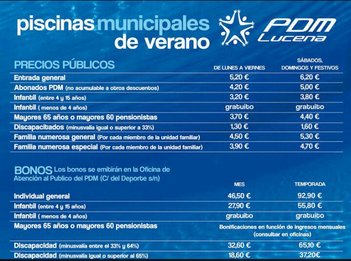 SDMlucena's tweet photo. Piscina de Verano!! Abrimos el 1 de julio!! Con bonos mensuales: entrada adulto 1,50 € al día e infantiles a 0,90€ https://t.co/ORkIkvi4fV