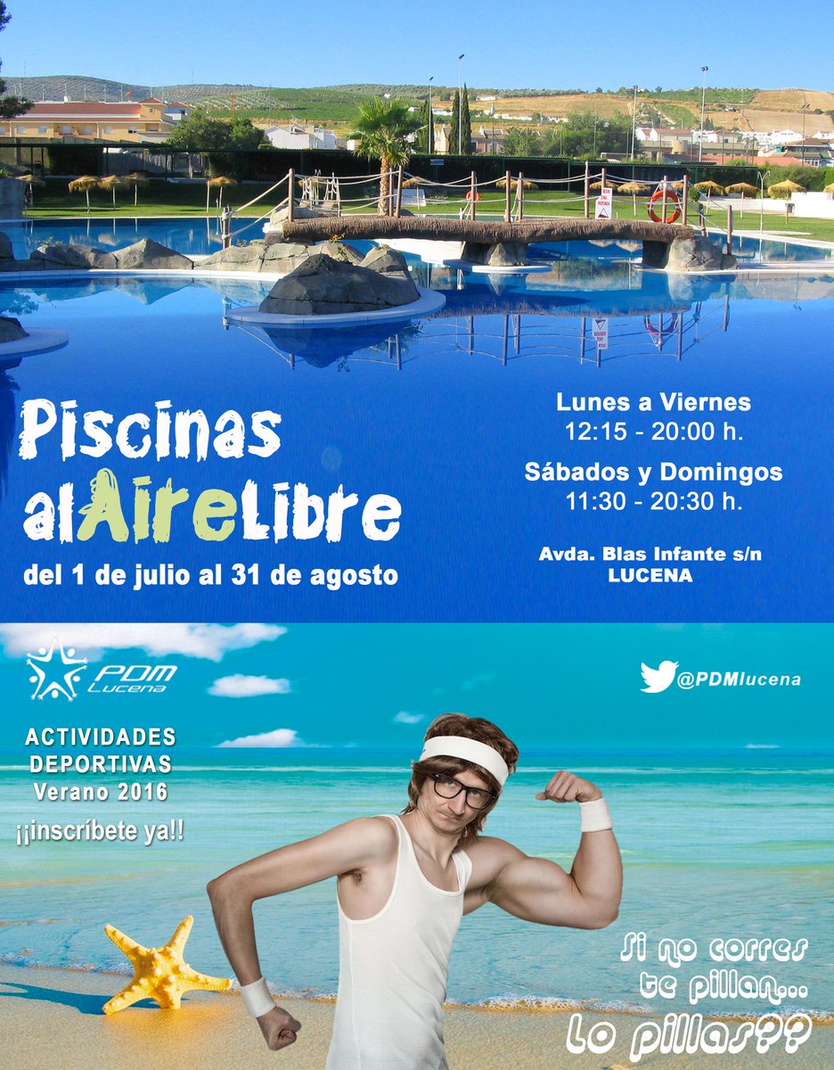 SDMlucena's tweet photo. Piscina de Verano!! Abrimos el 1 de julio!! Con bonos mensuales: entrada adulto 1,50 € al día e infantiles a 0,90€ https://t.co/ORkIkvi4fV
