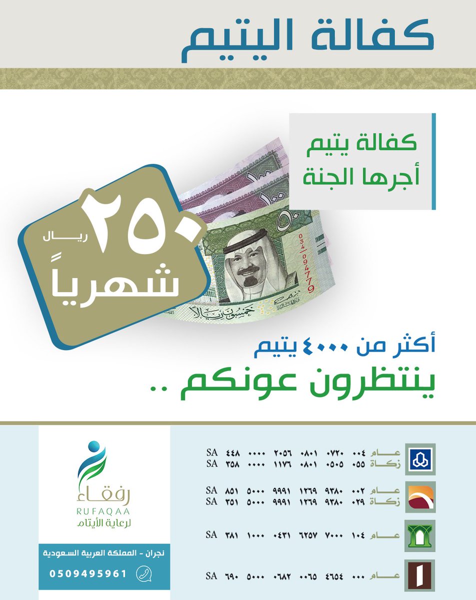 ﴿وَمَا تُنفِقُواْ مِنْ خَيْرٍ فَلأنفُسِكُمْ﴾
باقي 235 يتيماُ في انتظار دعمكم
#رمضان

0509495961
#رفقاء_الثاني2

#8